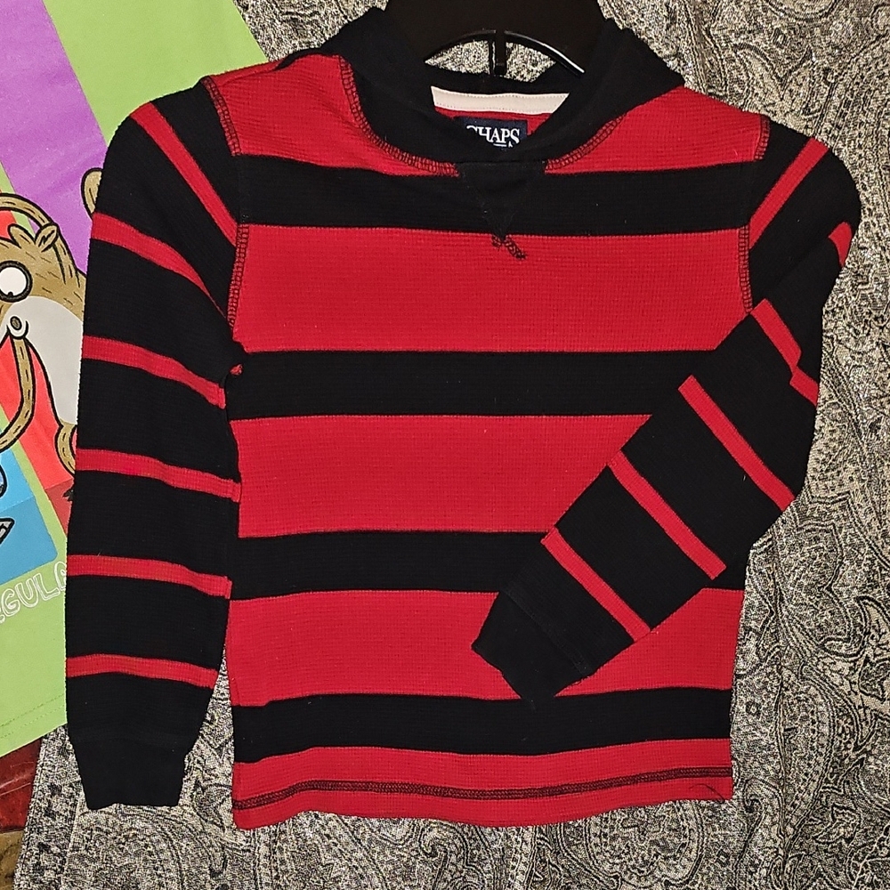 EUC Chaps Kids Striped Red and Black Lightweight Thermal Hoodie